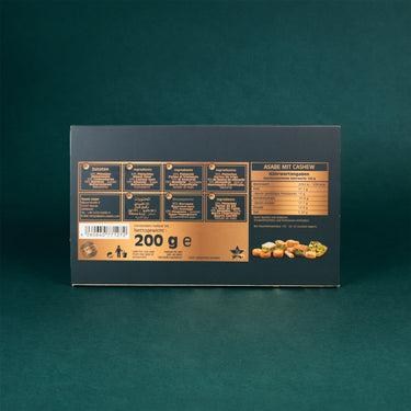 Verpackung des Asabe Gebäcks mit Cashewkernen, Rückseite